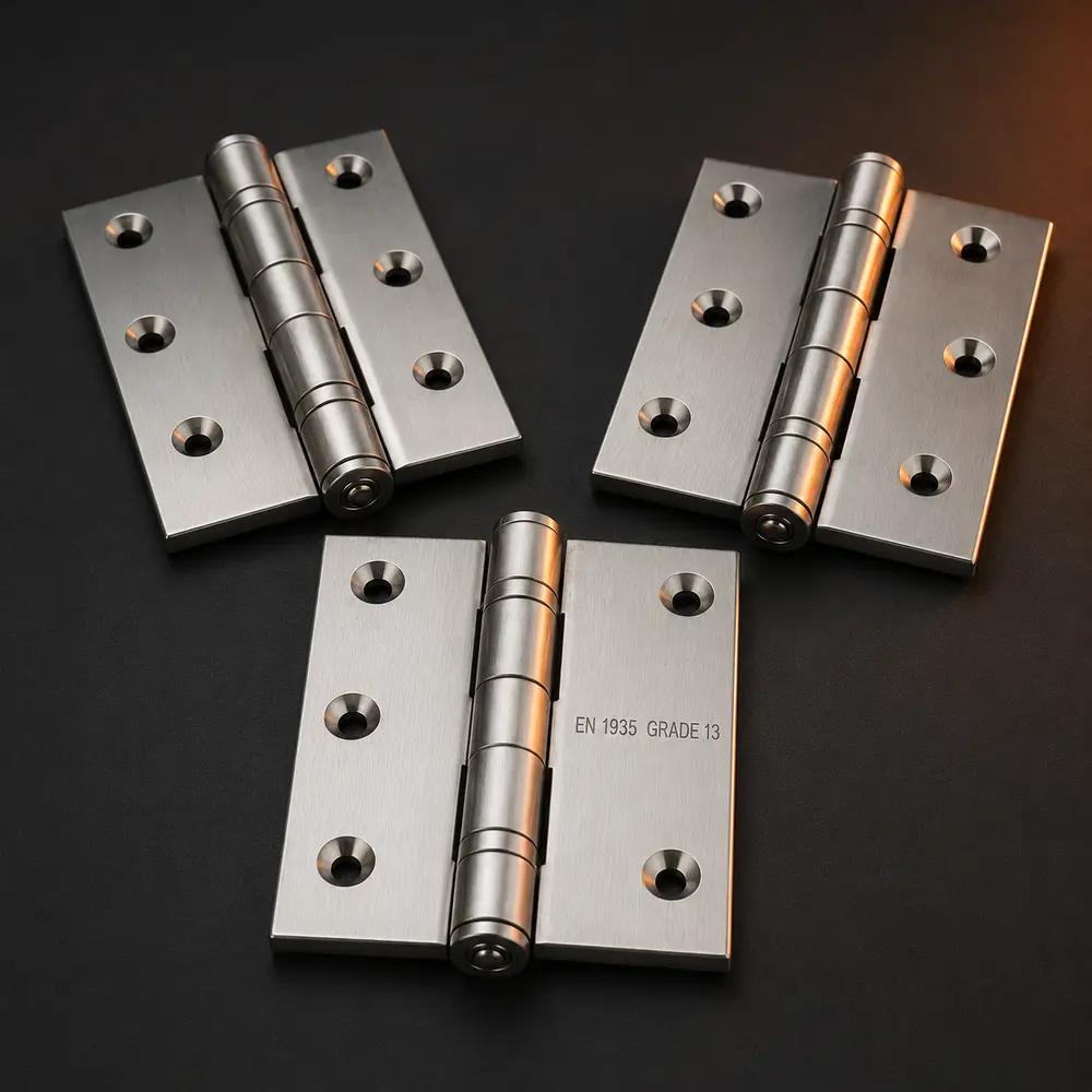 Representative set of stainless steel ball-bearing hinges visibly marked EN 1935 Grade 13